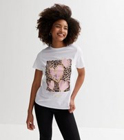 New Look White Metallic Leopard Print Box Heart Logo T-Shirt